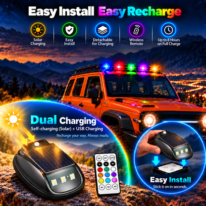 ⚡⚡ UPGRADE YOUR RIDE🔥🔥Dual-Charging RGB Car Roof Lights – USB + Solar, Detachable & Easy Install