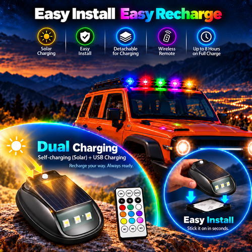 ⚡⚡ UPGRADE YOUR RIDE🔥🔥Dual-Charging RGB Car Roof Lights – USB + Solar, Detachable & Easy Install