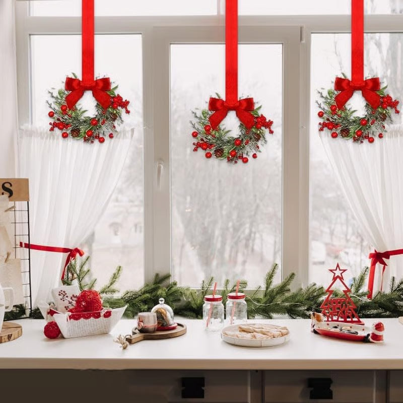 6-Pack 10" Christmas Mini Cabinet Wreaths for Kitchen with Ribbon Bows Red Berry