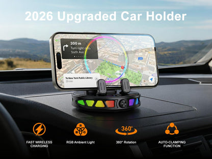🔥 2026 Upgraded RGB Wireless Charging Car Phone Holder – 360° Rotating