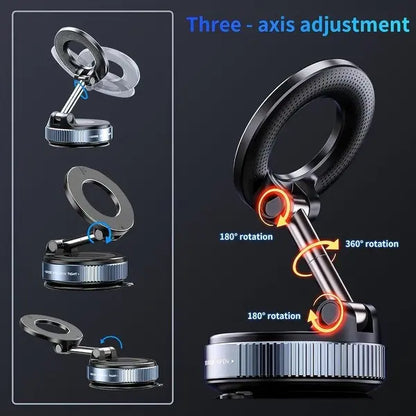 2.0 Fold-Flat Magnetic Car Phone Holder - Compact Metal Secure Smartphone Holder, 20N52 Magnetic Grip, Vertical Round Mount, Vacuum Suction Cup, Heat-Resistant Nano-Adhesive Base, MagSafe Snapon Car Interior Accessory