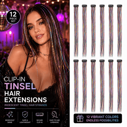 Clip-In Tinsel Hair Extensions – Colorful Iridescent Sparkle Hair Strands