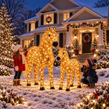 ✨🐎 Light-Up Christmas Horse & Foal Set – Warm White LED Holiday Display
