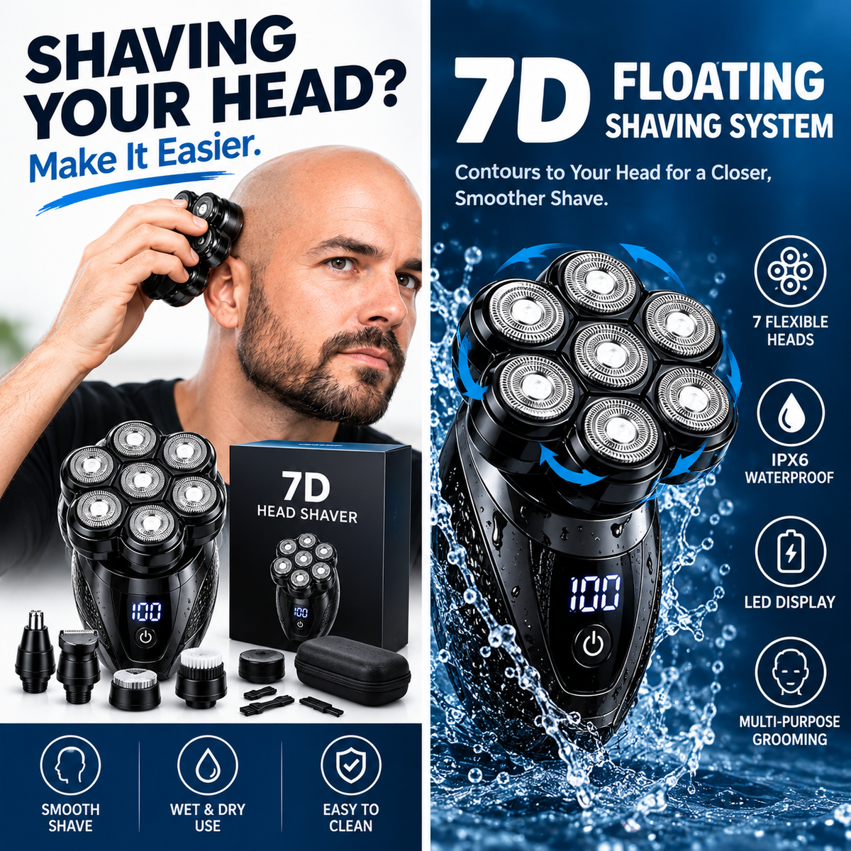 7D Waterproof Head Shaver Kit for Bald Men