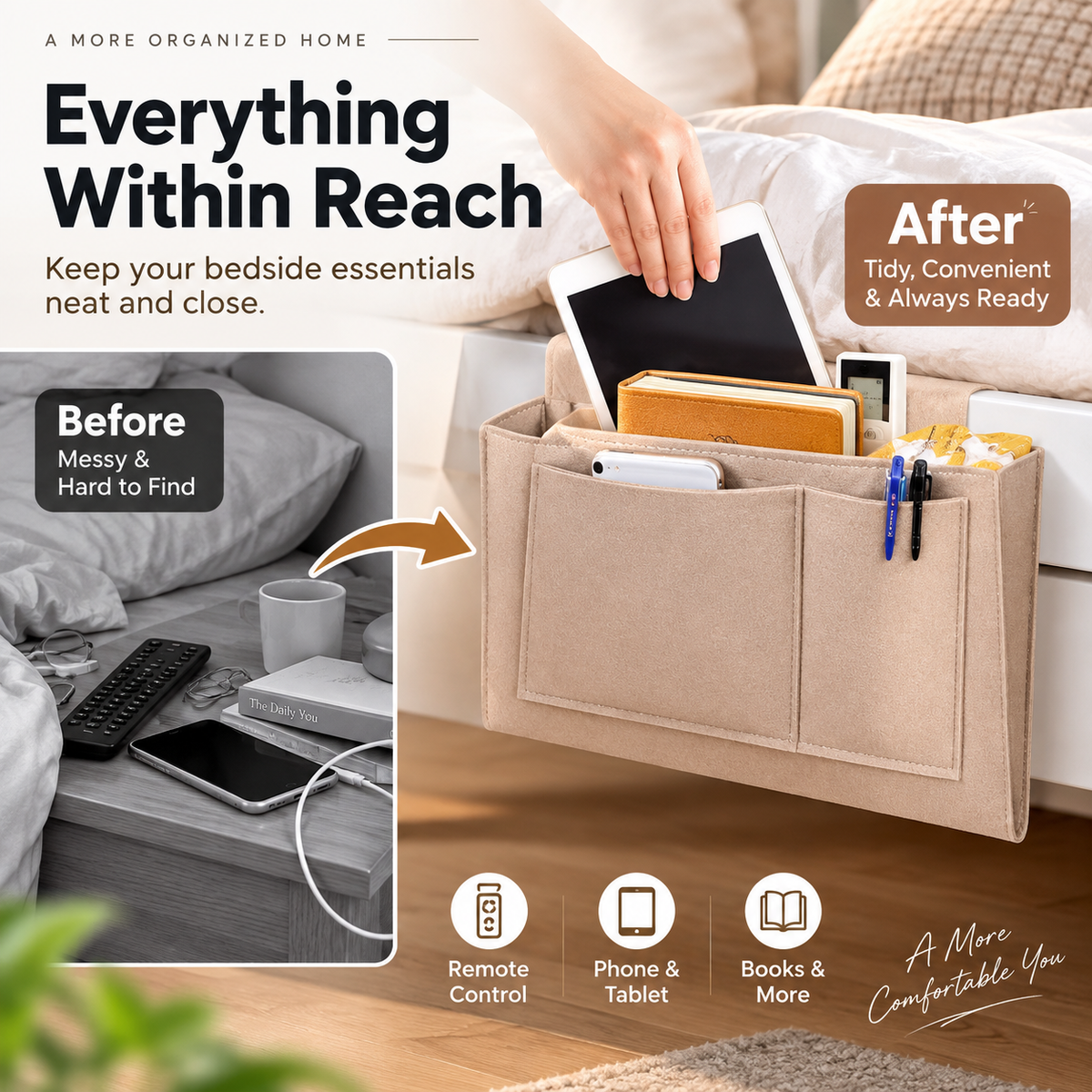 🥳2026 HOT SALE🥳💞50K+ SOLD! 🛏️ Bedside Hanging Storage Bag‑Multi‑Pocket Bed Caddy Organizer, Felt Hanging Pouch for Dorm Bunk Bed Hold Tablet Book Phone Stationery
