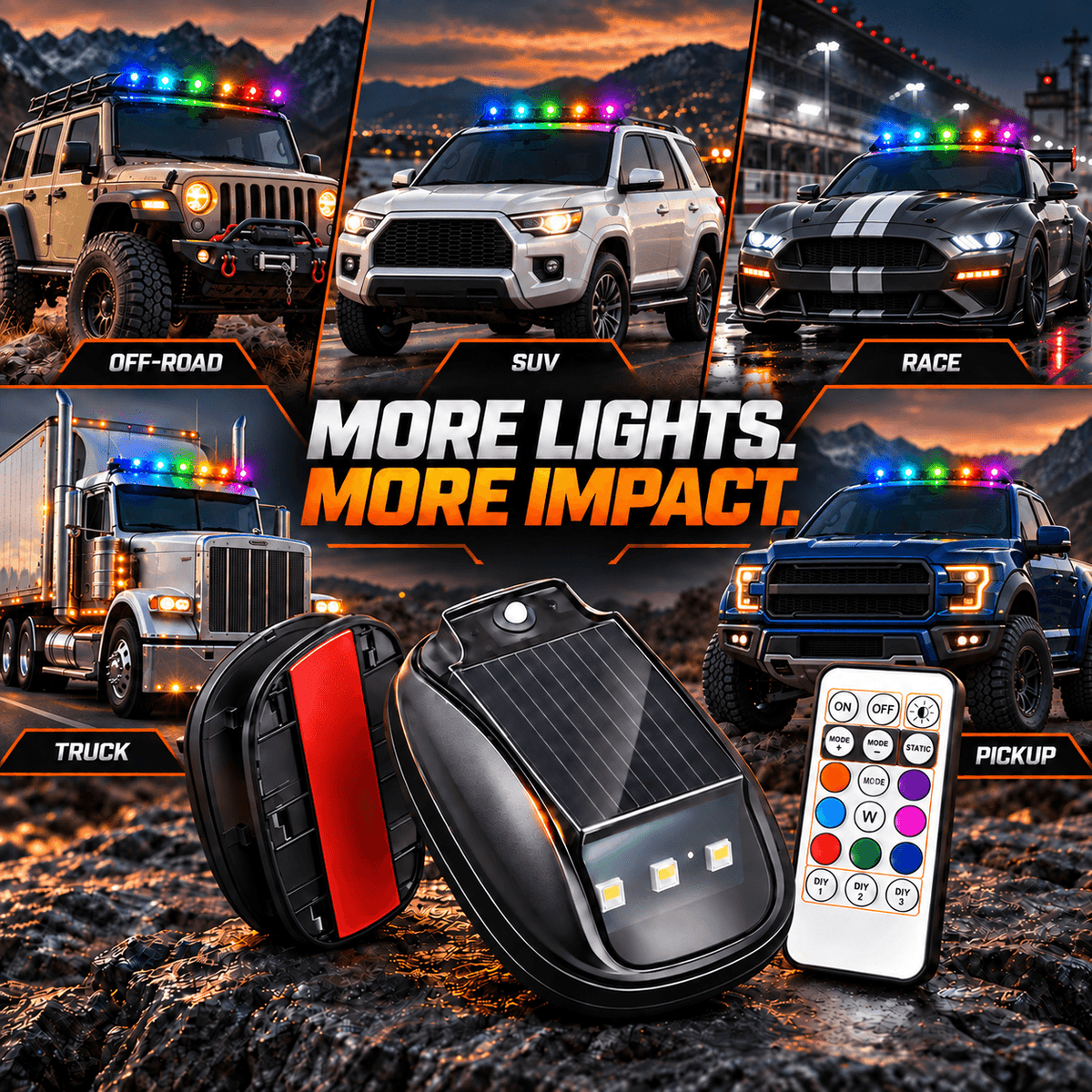 🔥Solar RGB Car Roof Lights – No Drilling, Wireless Control