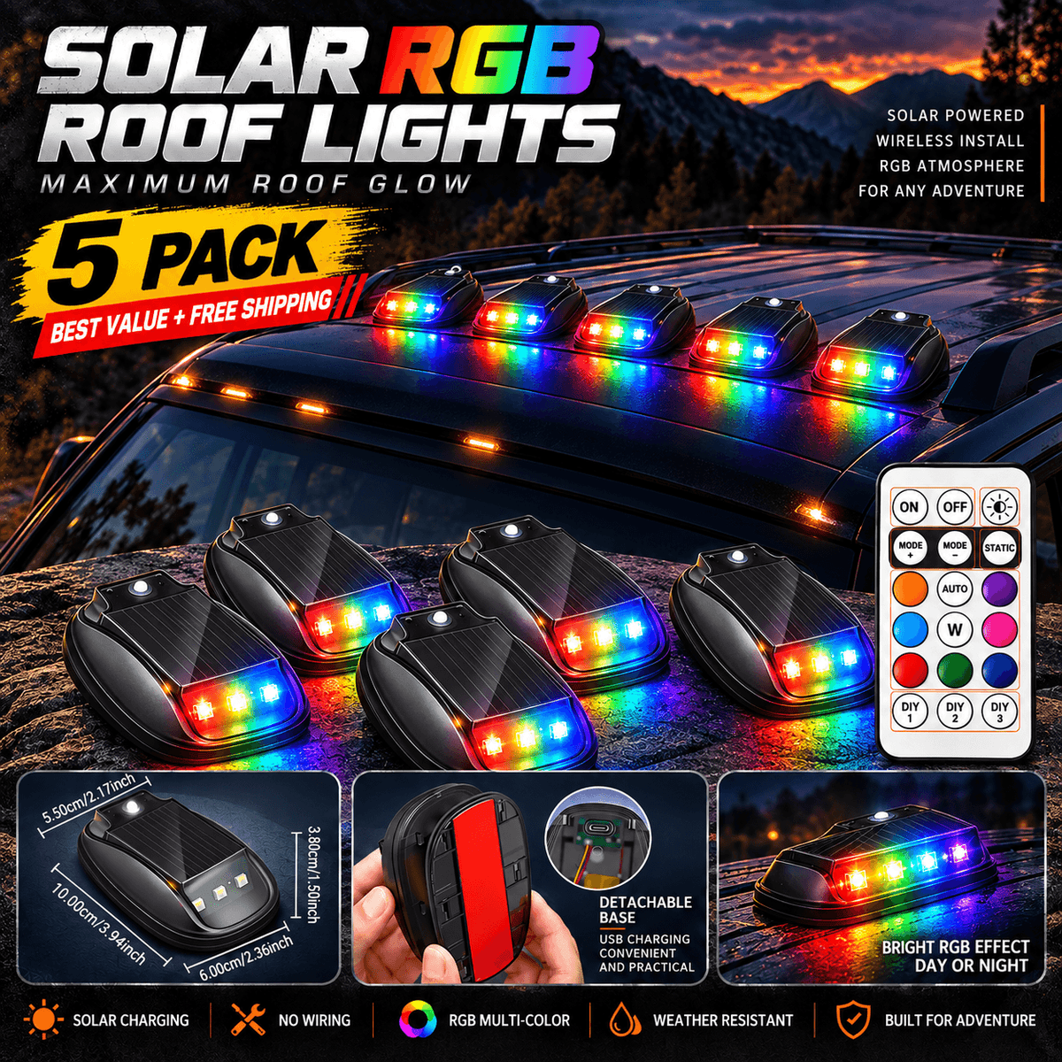 🔥Solar RGB Car Roof Lights – No Drilling, Wireless Control