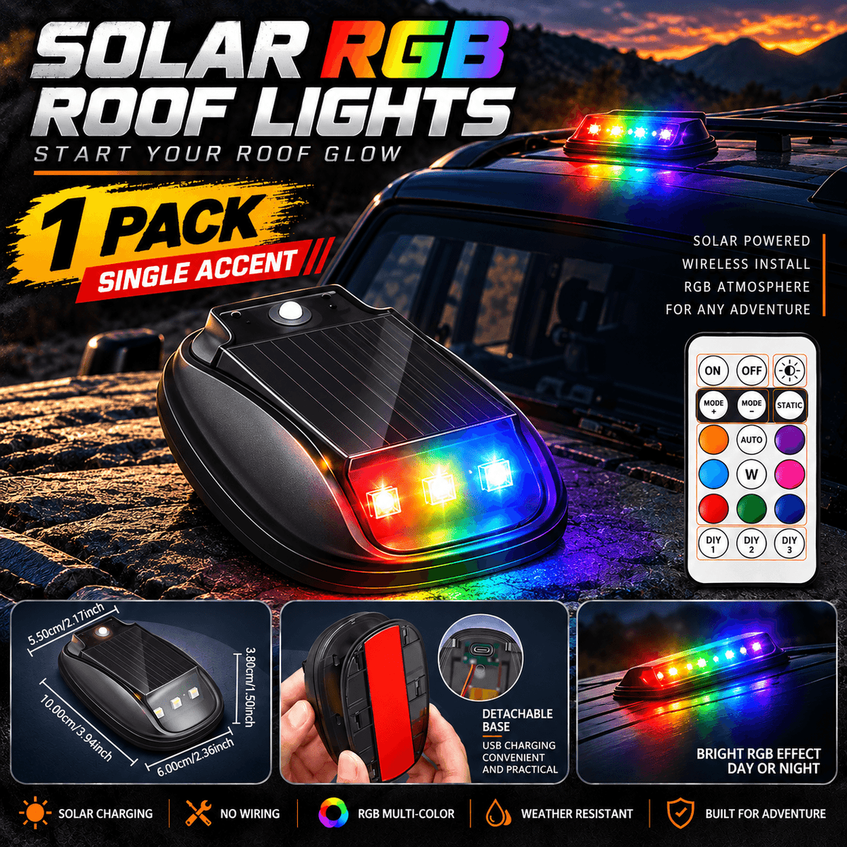 🔥Solar RGB Car Roof Lights – No Drilling, Wireless Control