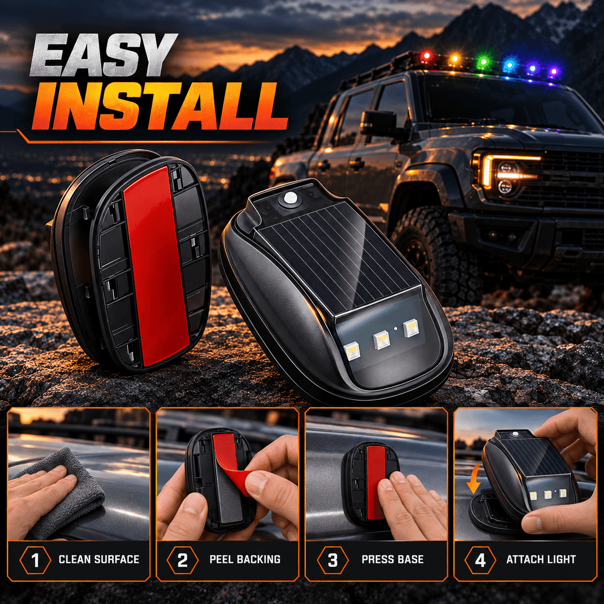 🔥Solar RGB Car Roof Lights – No Drilling, Wireless Control