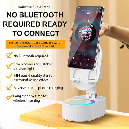 🎵 5-in-1 Wireless Induction Audio Bluetooth Speaker & Phone Holder – 3000mAh Rechargeable Power Bank with Colorful Ambient Light, 300° Foldable Stand for Smartphone & Tablet