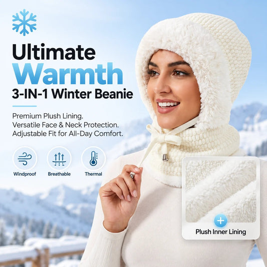 ❄️ 3-in-1 Winter Beanie – Plush Hat, Face Cover & Neck Warmer 🧣