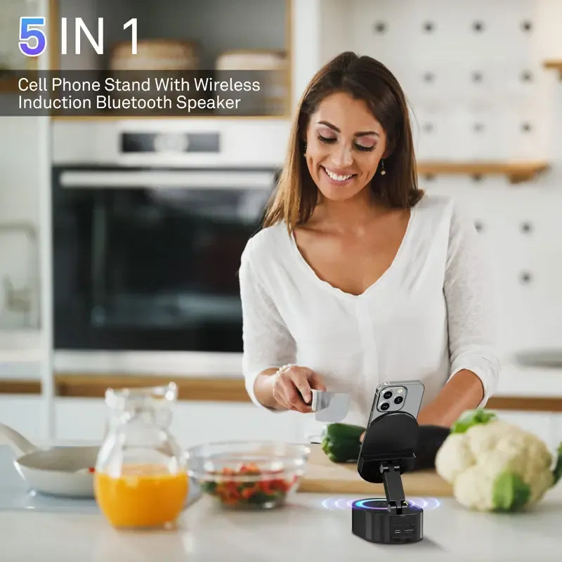 🎵 5-in-1 Wireless Induction Audio Bluetooth Speaker & Phone Holder – 3000mAh Rechargeable Power Bank with Colorful Ambient Light, 300° Foldable Stand for Smartphone & Tablet