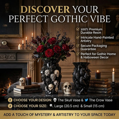 💎💀Gothic Skull & Crow Resin Vase- Dark Decor Vase