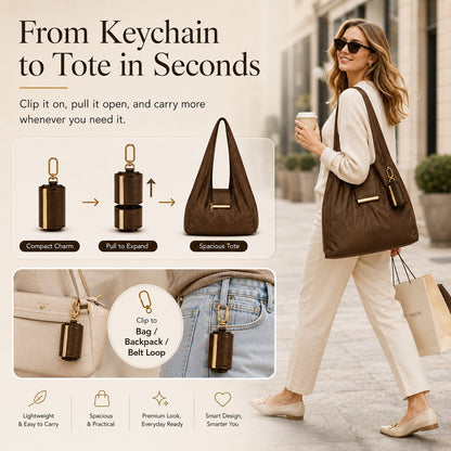 Transformable Keychain Tote – From Charm to Full-Size Bag in Seconds