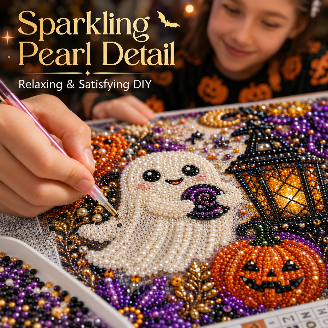 Halloween Ghost Pearl Painting DIY Kit: Pumpkin Cat Ghost Diamond