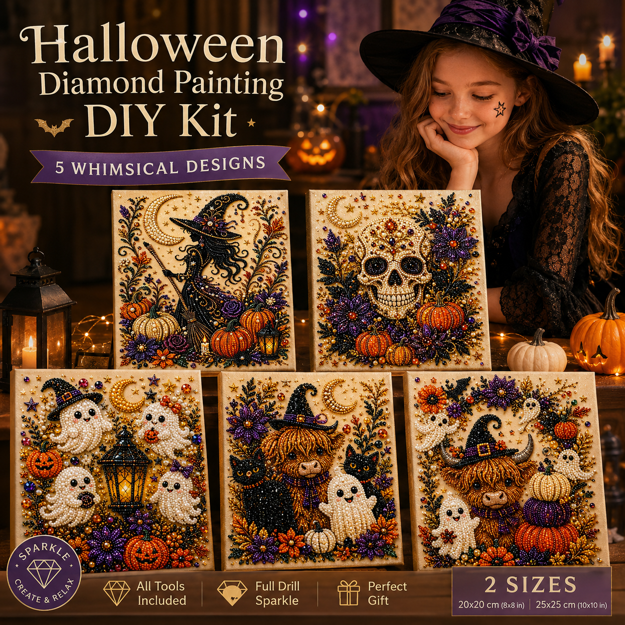 Halloween Ghost Pearl Painting DIY Kit: Pumpkin Cat Ghost Diamond