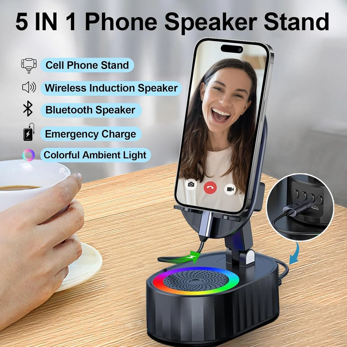 🎵 5-in-1 Wireless Induction Audio Bluetooth Speaker & Phone Holder – 3000mAh Rechargeable Power Bank with Colorful Ambient Light, 300° Foldable Stand for Smartphone & Tablet