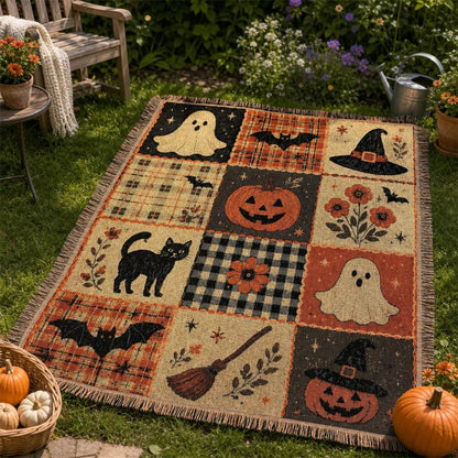 Halloween Patchwork Woven Throw Blanket | Ghost Pumpkin Black Cat Tassel Tapestry Throw