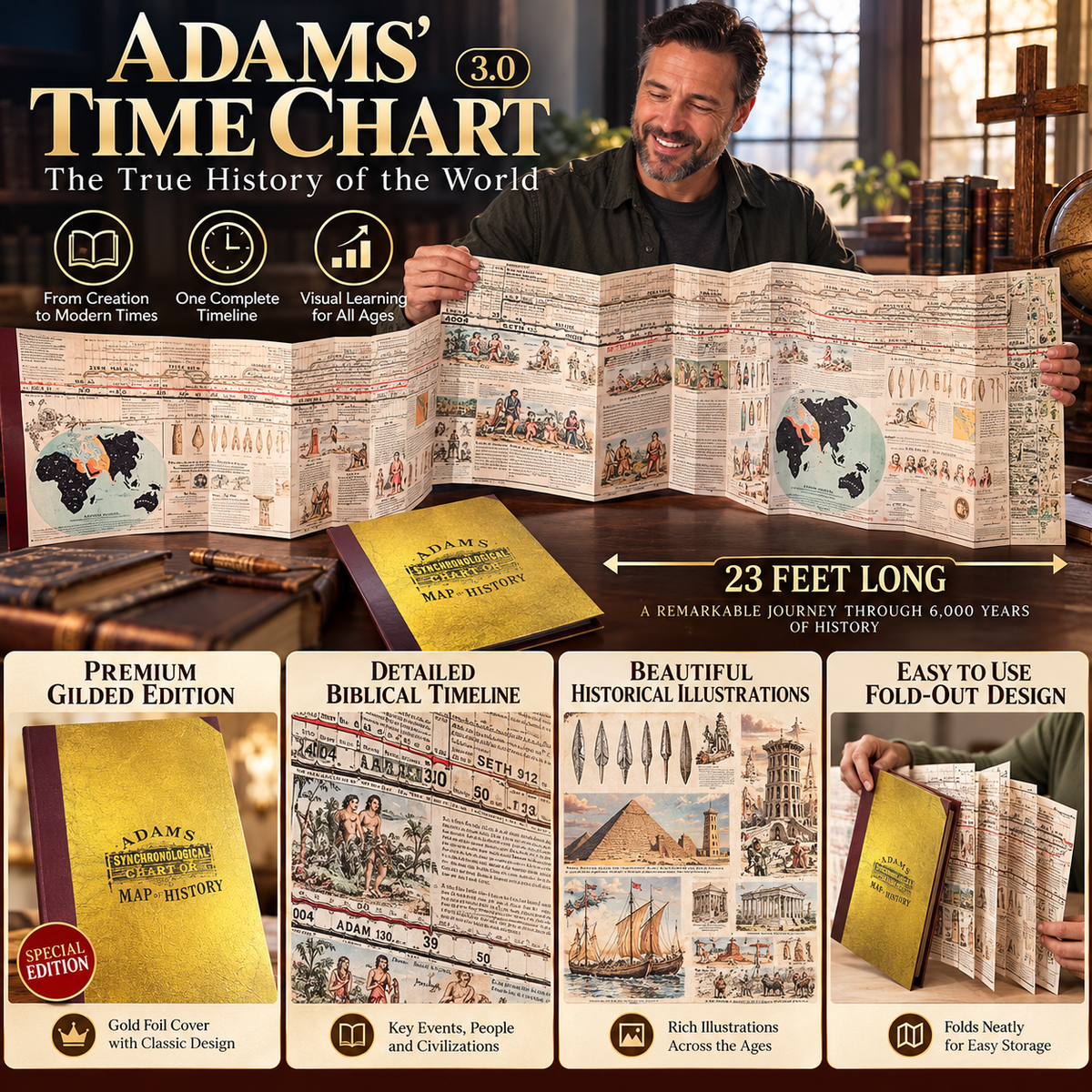 📜 Adams Time Chart 3.0 – 23-Ft Fold-Out Bible & World History Timeline | Premium Gold-Foil Edition