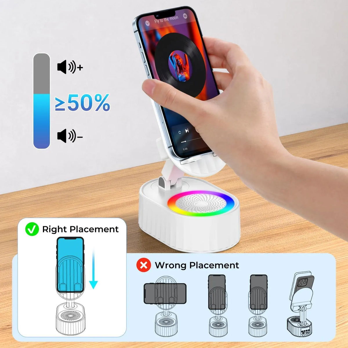 🎵 5-in-1 Wireless Induction Audio Bluetooth Speaker & Phone Holder – 3000mAh Rechargeable Power Bank with Colorful Ambient Light, 300° Foldable Stand for Smartphone & Tablet