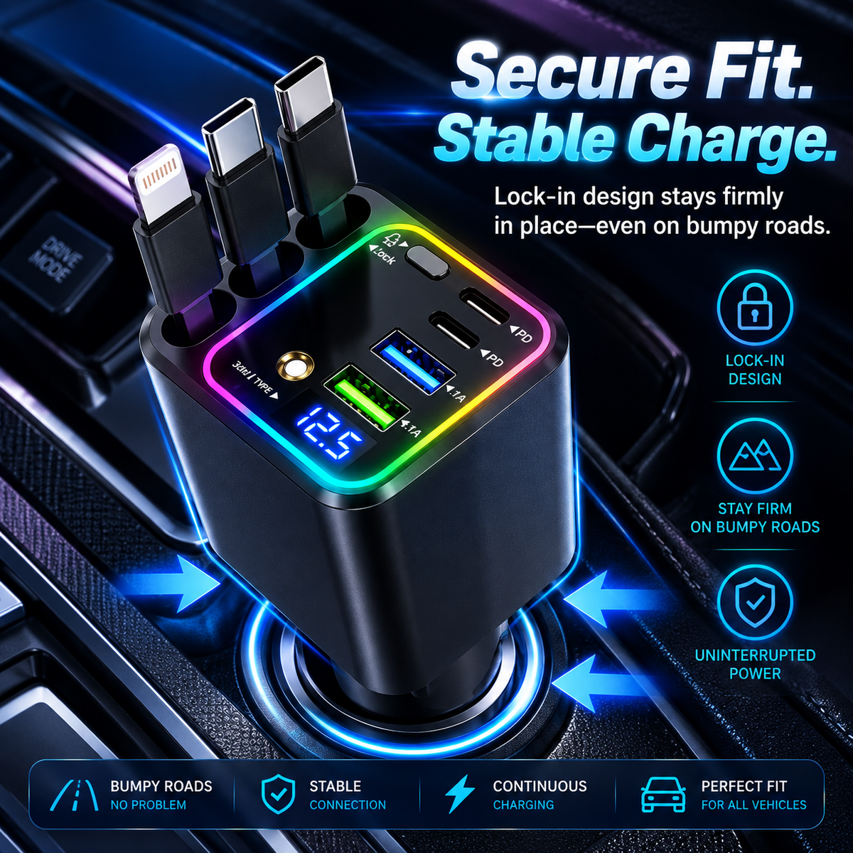 🔥7-in-1 Retractable Car Charger – 120W Fast Charging & Galaxy Light