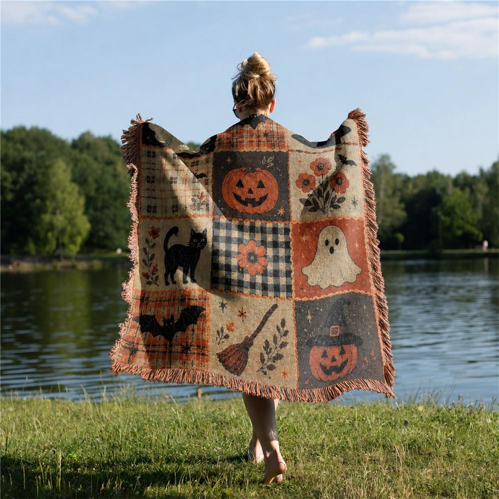 Halloween Patchwork Woven Throw Blanket | Ghost Pumpkin Black Cat Tassel Tapestry Throw