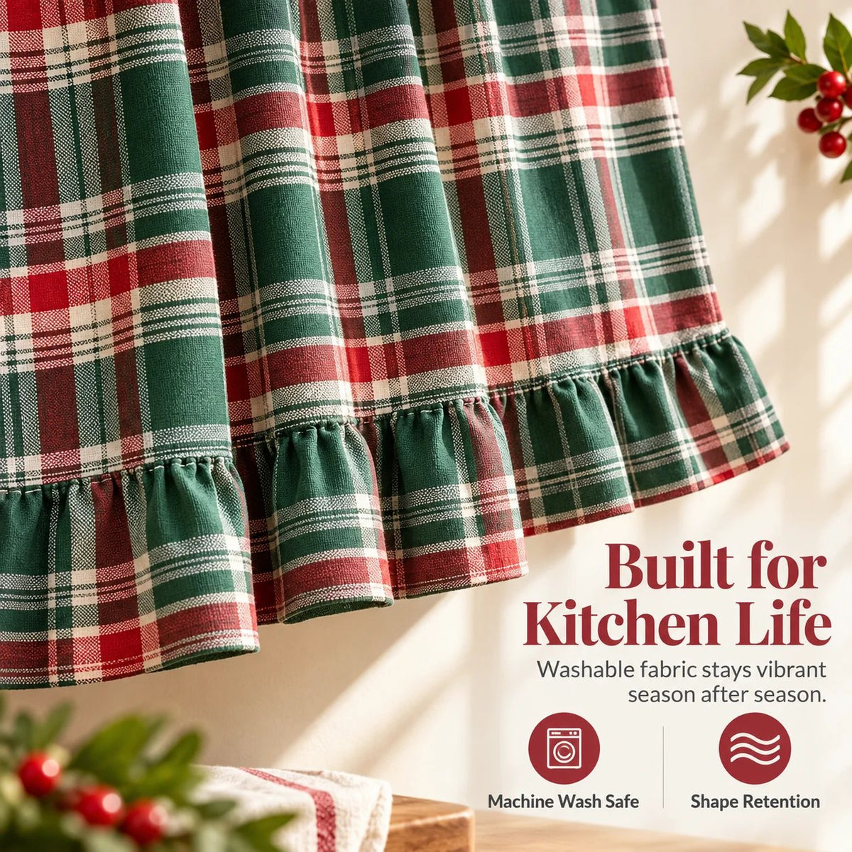 Festive Plaid Polyester-Cotton Oven Skirt Kitchen Decoration Short Curtain