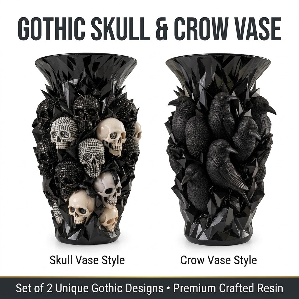 💎💀Gothic Skull & Crow Resin Vase- Dark Decor Vase
