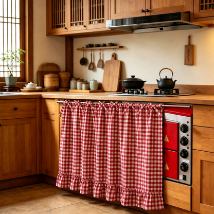 Festive Plaid Polyester-Cotton Oven Skirt Kitchen Decoration Short Curtain