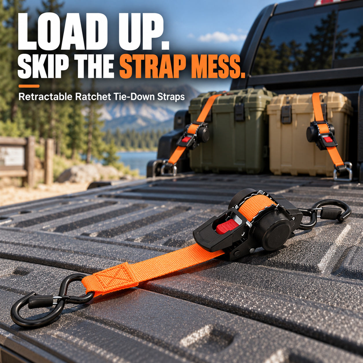 Orange retractable ratchet strap on a pickup tailgate with cargo in the background