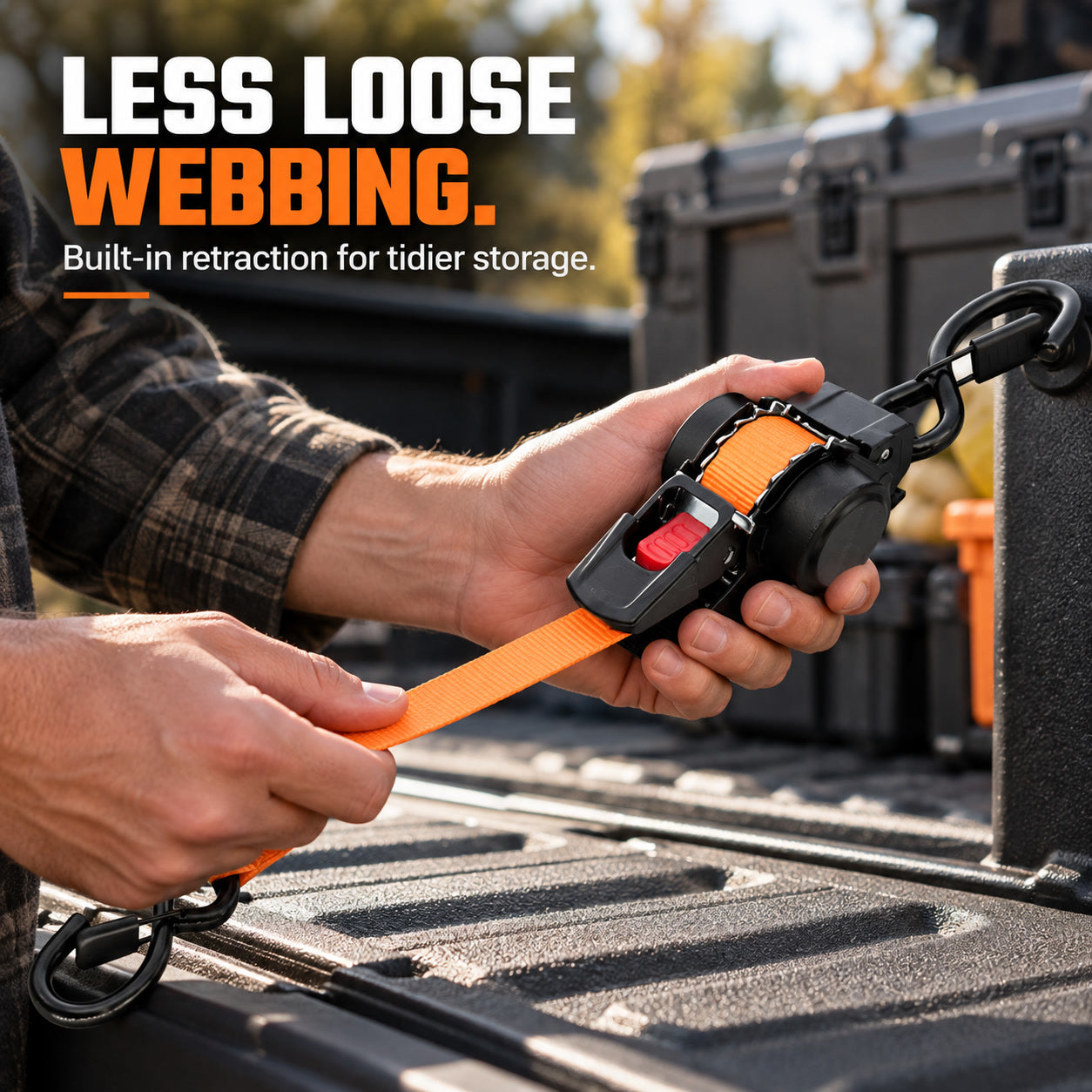 Hands guiding orange webbing into the retractable reel