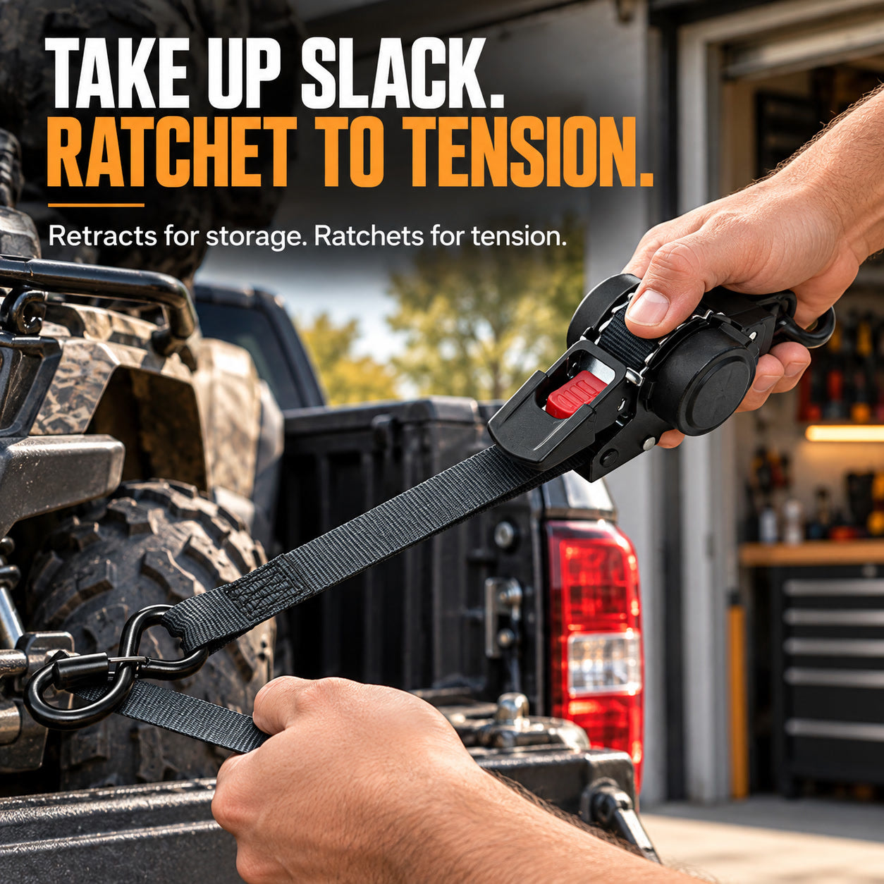 Close view of the black ratchet handle and retracting spool
