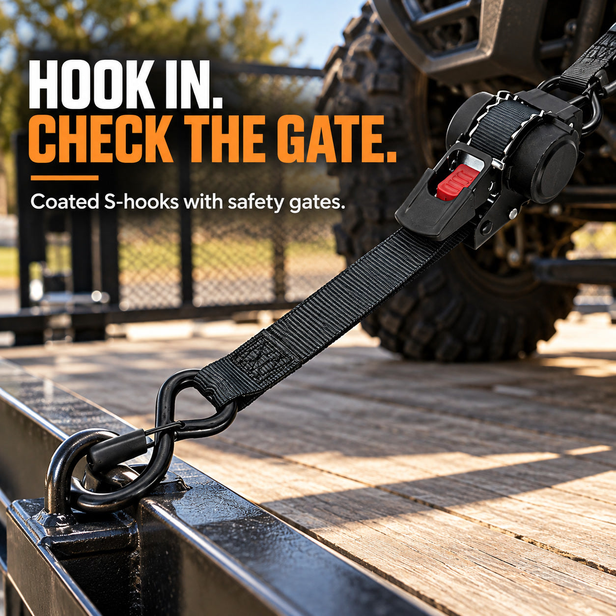Coated gated S-hook connected to a cargo anchor ring