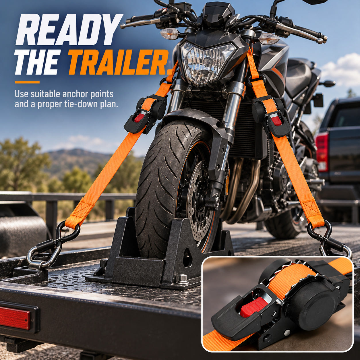 Motorcycle trailer setup with orange tie-down straps and a wheel chock