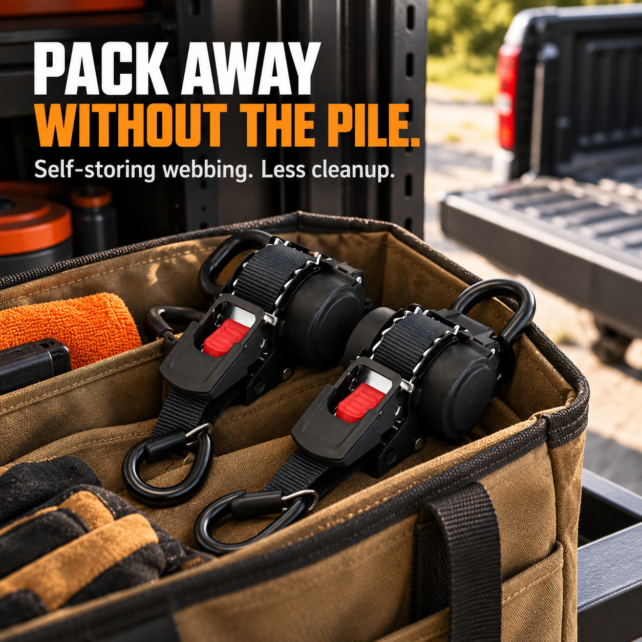 Retracted black tie-down straps stored neatly in a workshop tool bag