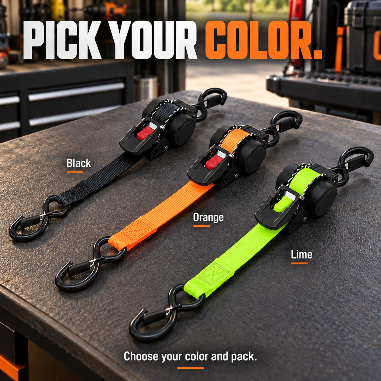 Black, orange, and lime retractable ratchet strap color options