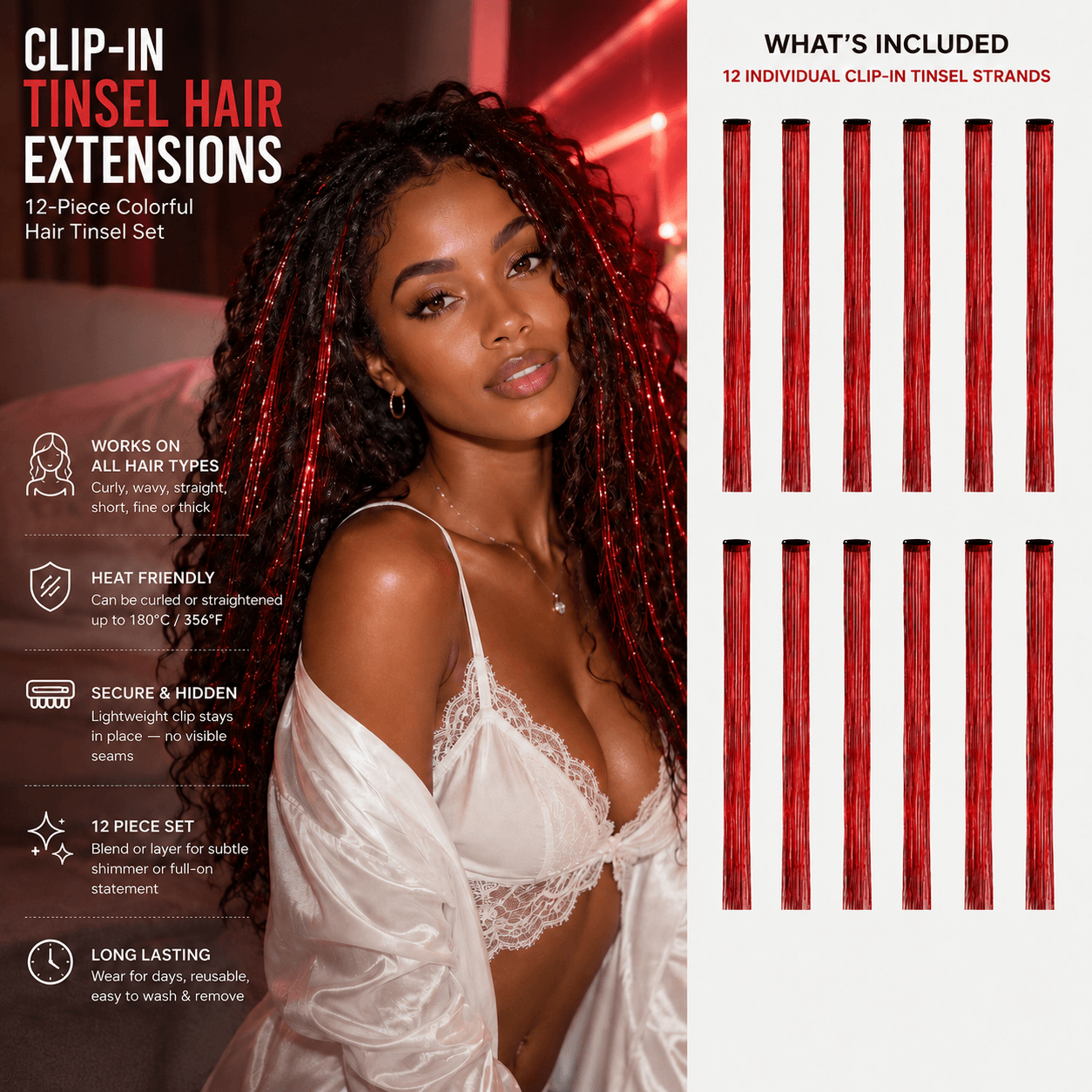 Clip-In Tinsel Hair Extensions – Colorful Iridescent Sparkle Hair Strands