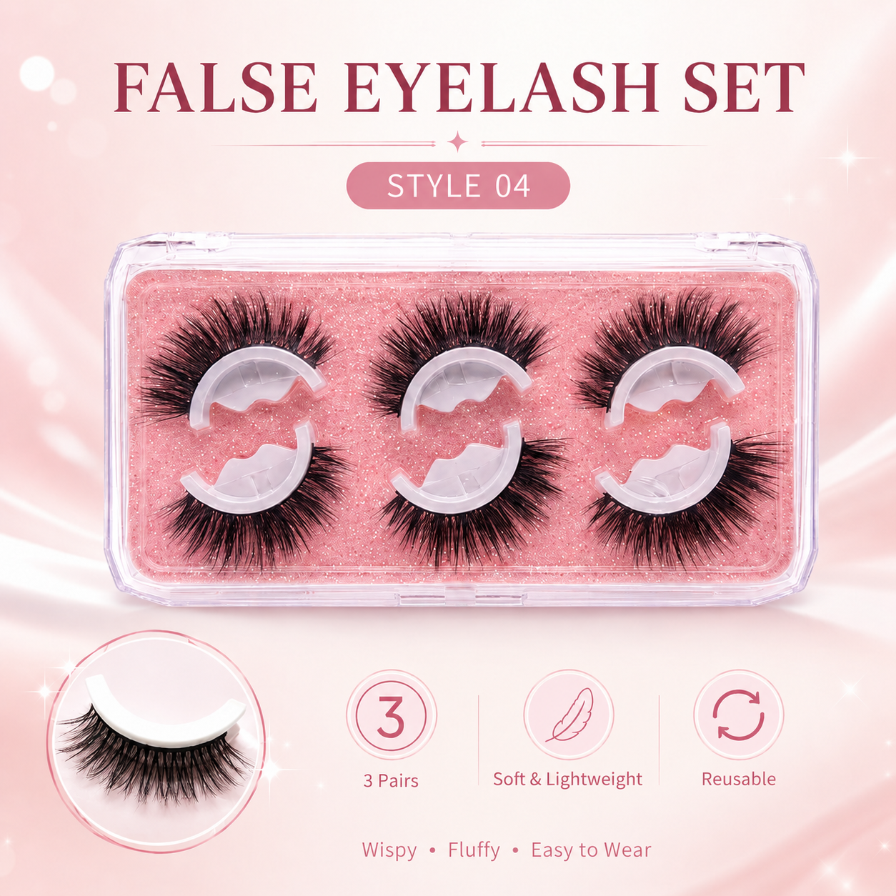 👁️Reusable Self-Adhesive False Eyelashes – 3-Pair Glue-Free Lash Set💕
