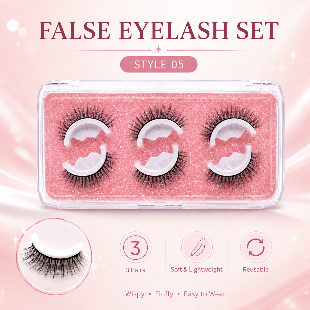 👁️Reusable Self-Adhesive False Eyelashes – 3-Pair Glue-Free Lash Set💕
