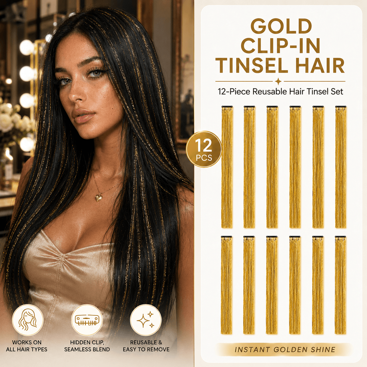 Clip-In Tinsel Hair Extensions – Colorful Iridescent Sparkle Hair Strands