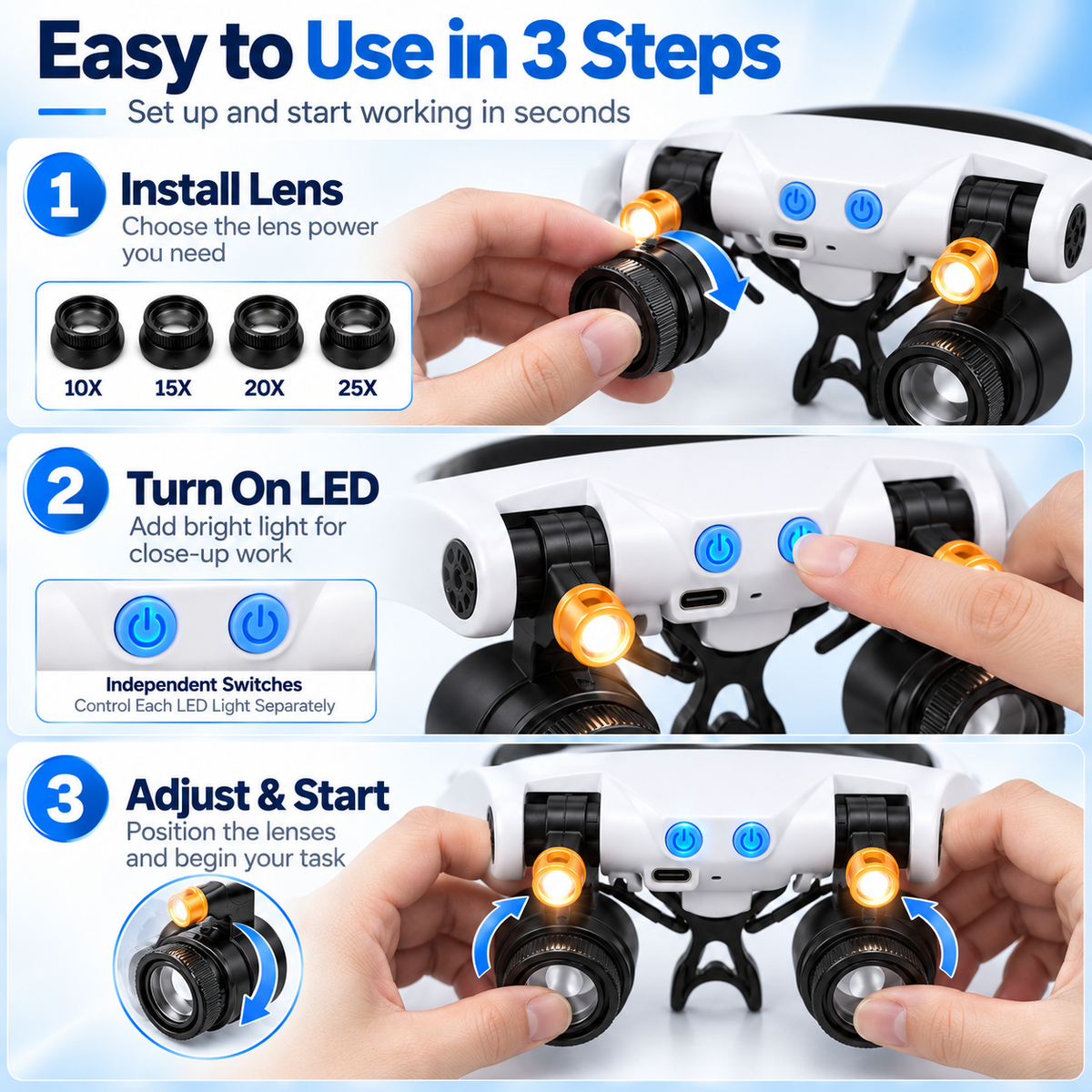 Rechargeable Headband Magnifier with 8 Lenses, Dual LED Lights & 10X–25X Magnification