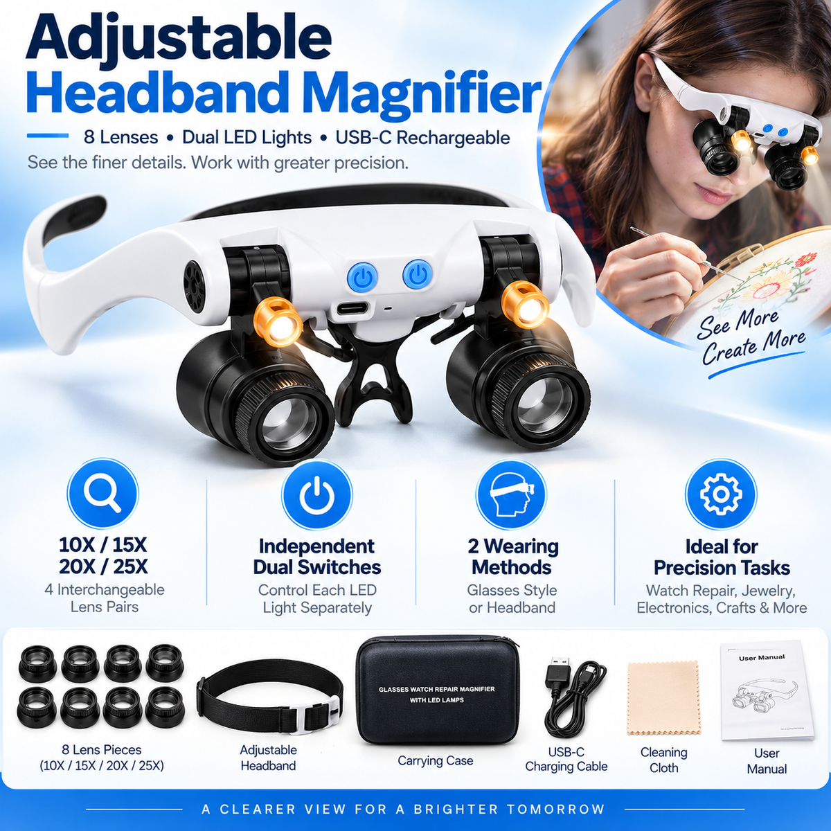 Rechargeable Headband Magnifier with 8 Lenses, Dual LED Lights & 10X–25X Magnification