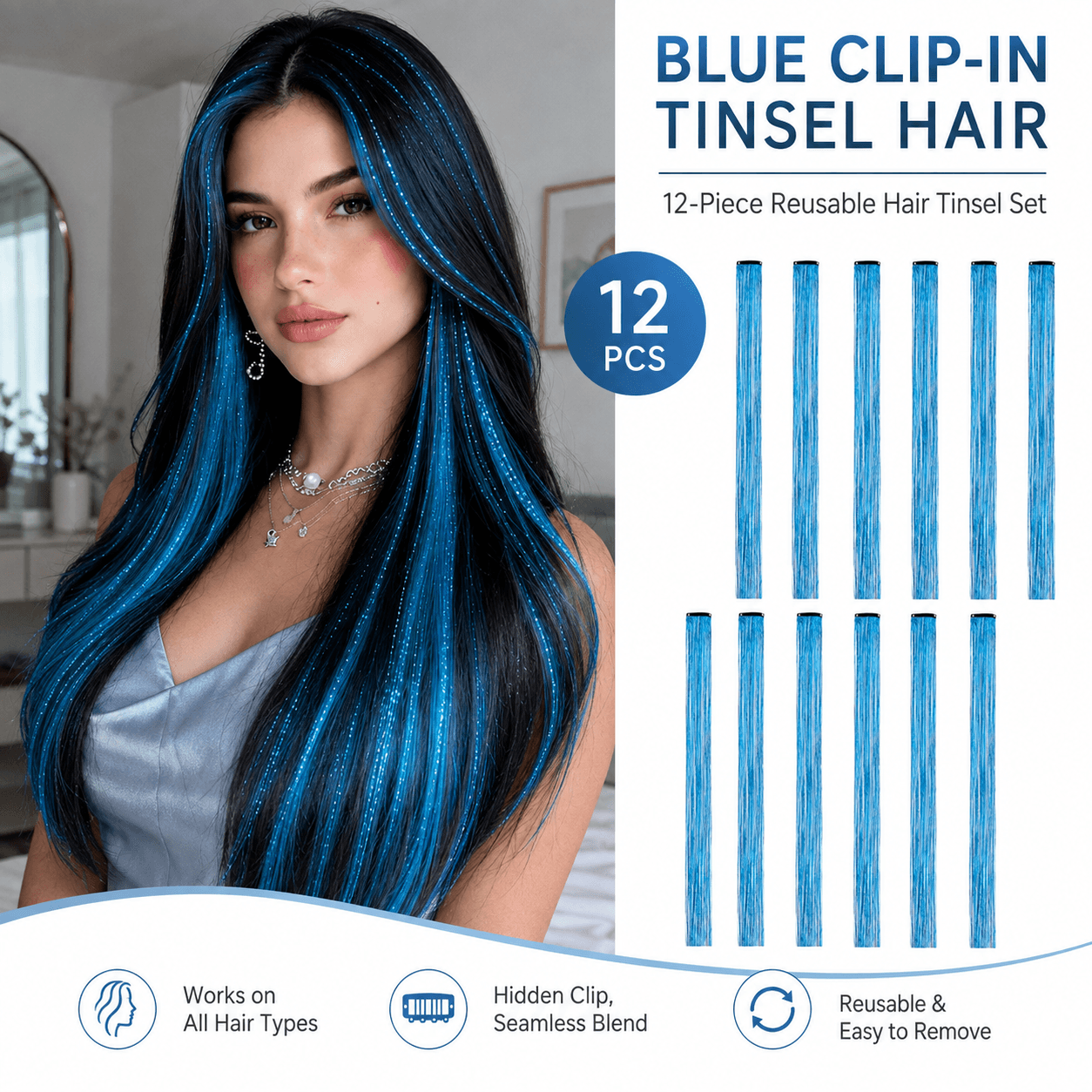 Clip-In Tinsel Hair Extensions – Colorful Iridescent Sparkle Hair Strands