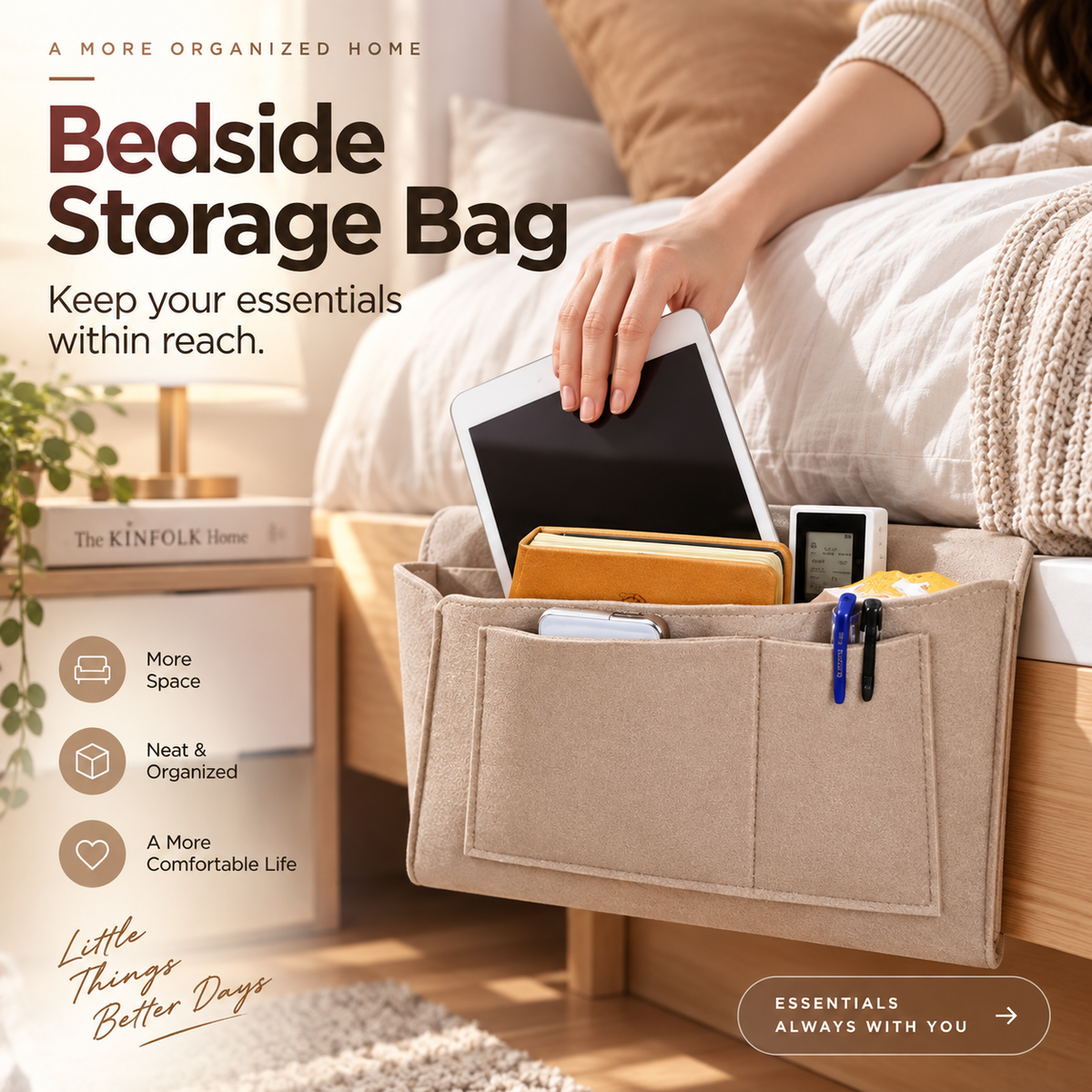 🥳2026 HOT SALE🥳💞50K+ SOLD! 🛏️ Bedside Hanging Storage Bag‑Multi‑Pocket Bed Caddy Organizer, Felt Hanging Pouch for Dorm Bunk Bed Hold Tablet Book Phone Stationery