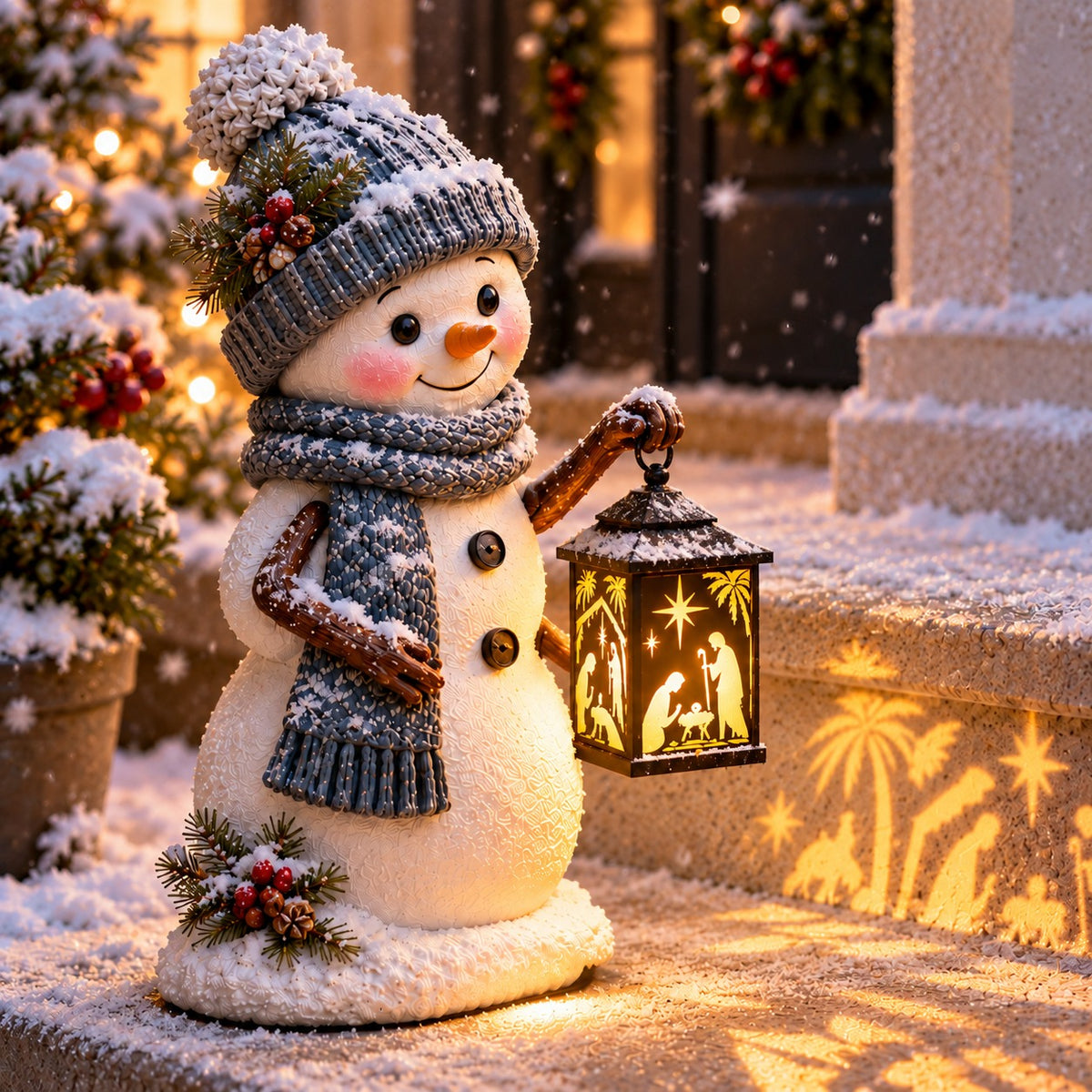 ⛄ Snowman Nativity Glow –  Christmas Step Light with Holy Family Projection