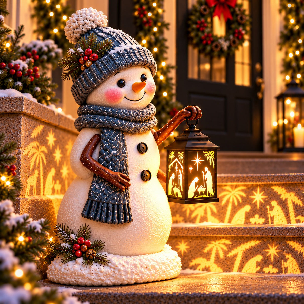 ⛄ Snowman Nativity Glow –  Christmas Step Light with Holy Family Projection