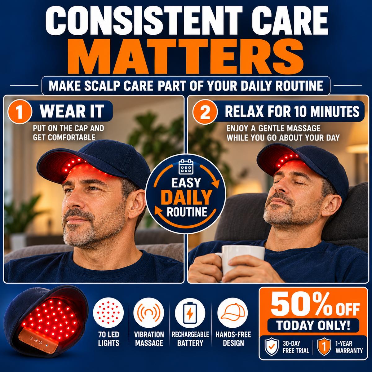 🔴 Wearable LED Scalp Care Cap – Rechargeable, Gentle Scalp Massage & Relaxation, Anytime, Anywhere
