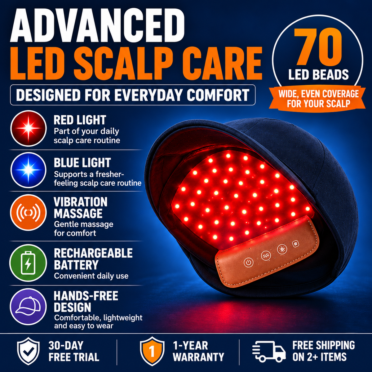 🔴 Wearable LED Scalp Care Cap – Rechargeable, Gentle Scalp Massage & Relaxation, Anytime, Anywhere