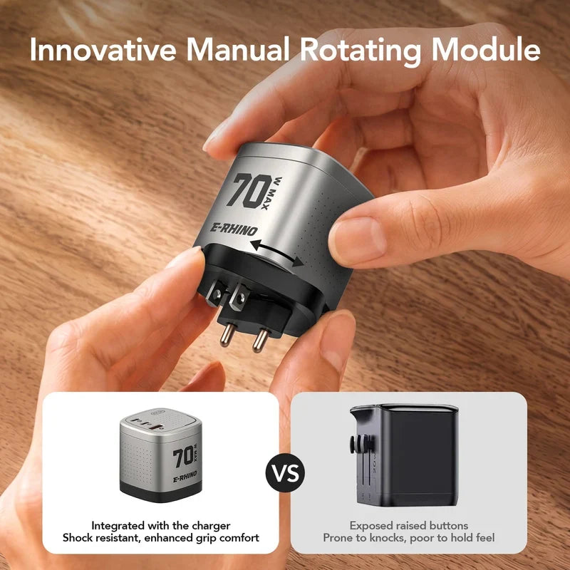 Global Travel Charger (70W, 3-Port, GaN, Integrated Rotary Plug)