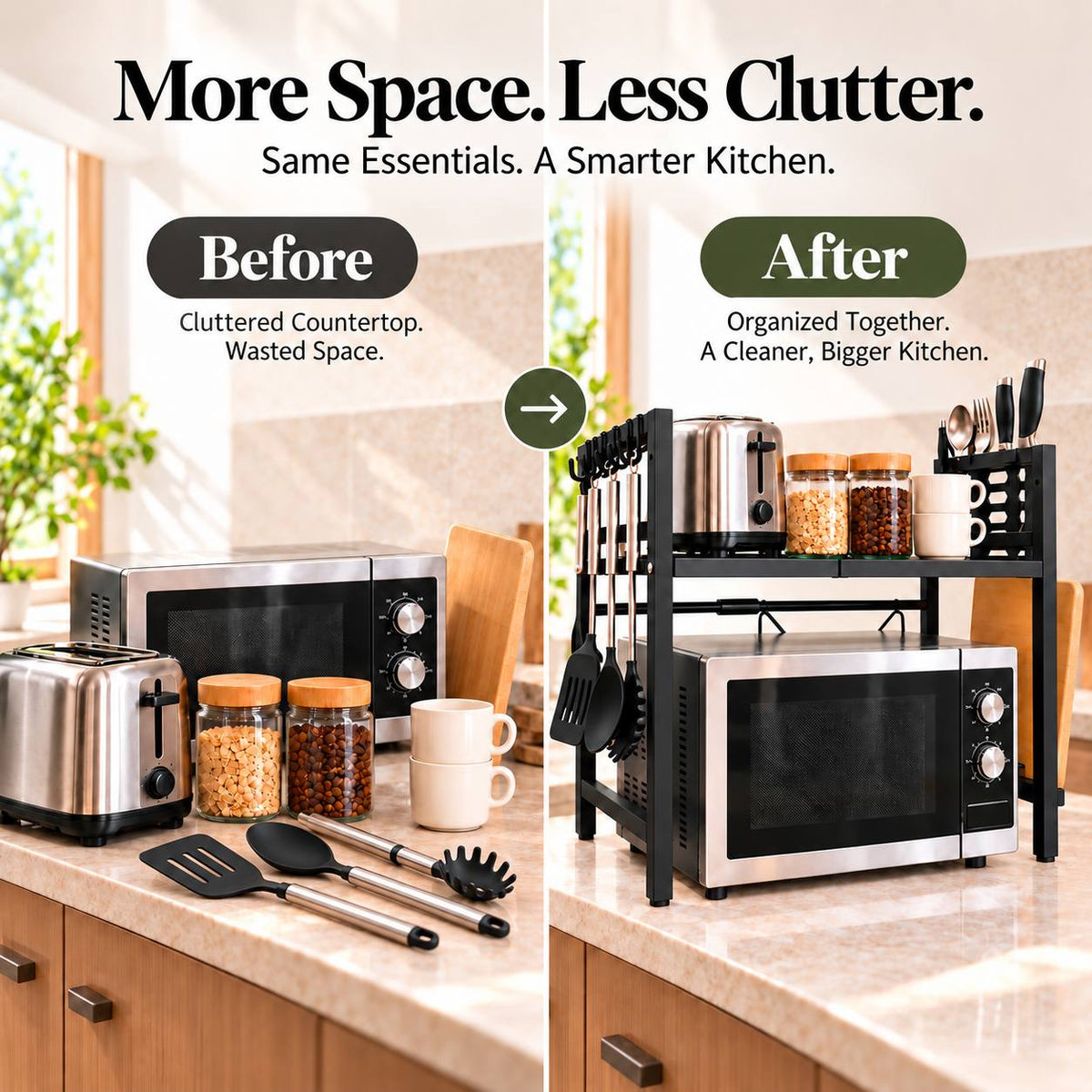 ✨ CounterSpace Pro Expandable Microwave Shelf – Adjustable Kitchen Organizer with 6 Hooks